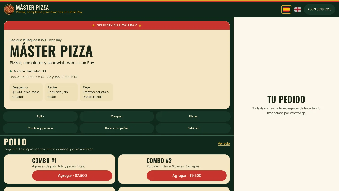 Página de Máster Pizza con carta digital y pedidos en Lican Ray